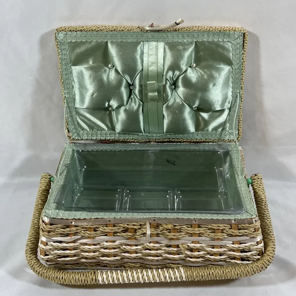 Vintage Woven Straw Wicker Sewing Basket Box Handle Satin Lining Rectangle